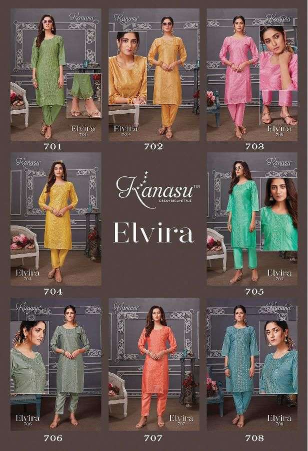 ELVIRA SERIES 701 TO 708 KURTI BY KANASU DESIGNER CHANDERI SILK KURTIS ARE AVAILABLE AT WHOLESALE PRICE